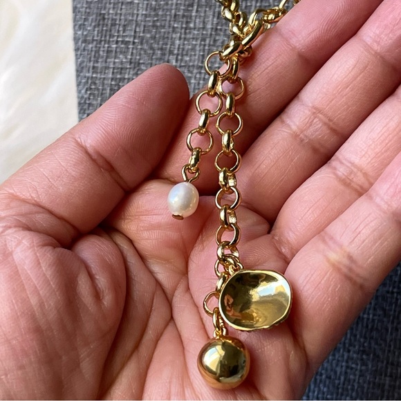 J Crew | Freshwater Pearl Sea Shell Golden Ball Choker Gold Tone 14"+2" Necklace - Picture 3 of 14